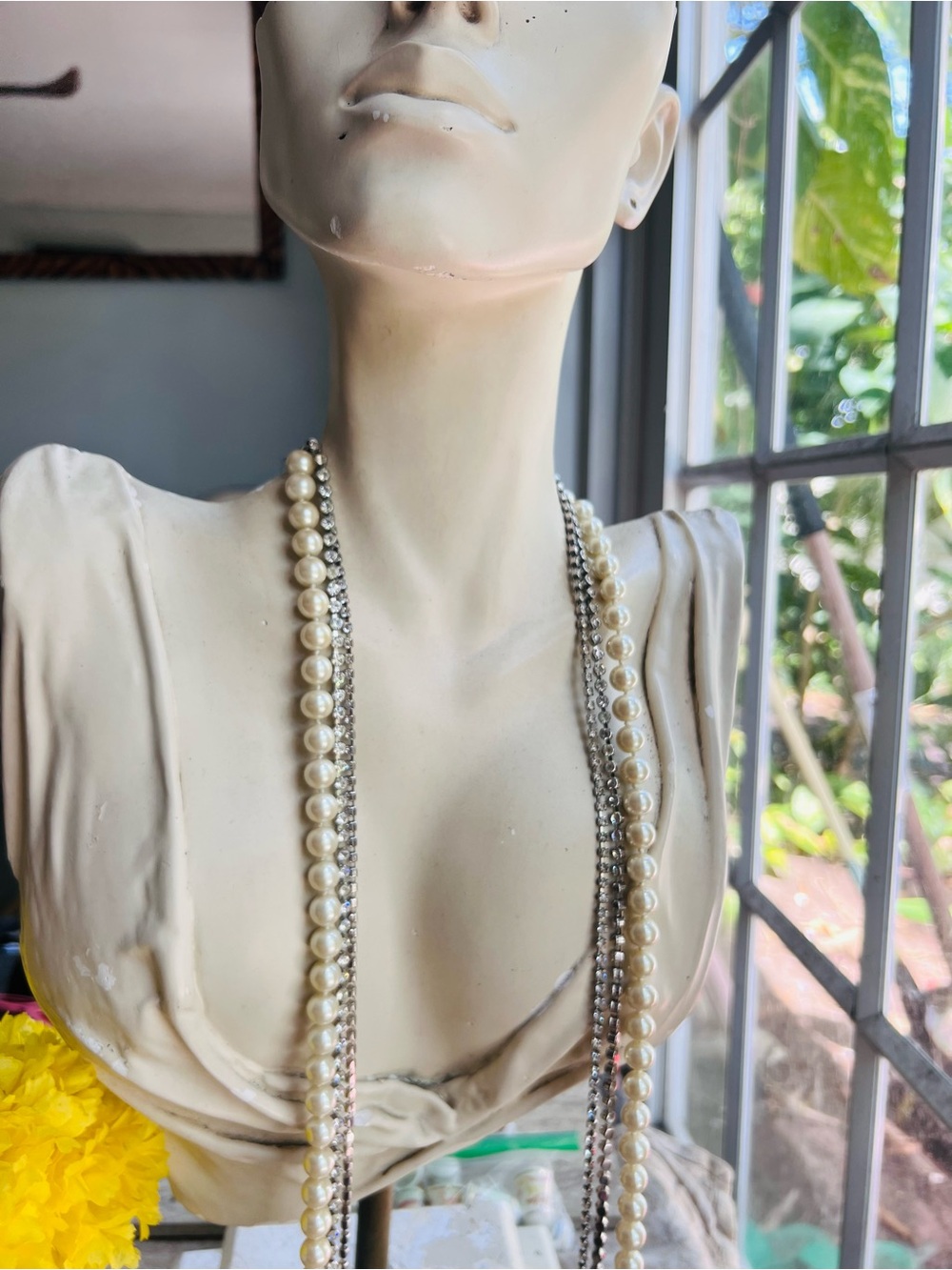 ABS Allen Schwartz Stunning! Three strand Pearl and Rhinestone Long Necklace